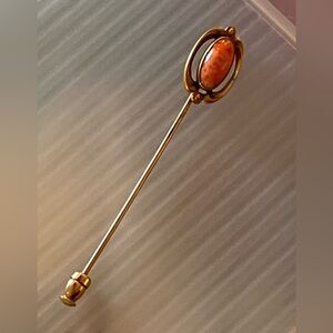 Vintage Stick Pin Hat Pin Oval Faux Coral Cabochon Gold Tone UV Reactive Estate